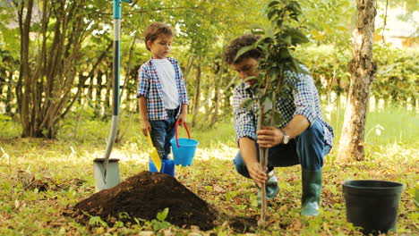 Portrait-of-a-little-boy-and-his-dad-planting-a-tree.-Man-takes-the-tree-from-the-bucket-and-puts-it-into-the-hole.-Then-he-shows-and-explains-something-to-his-son.-Then-they-smile.-Blurred-background